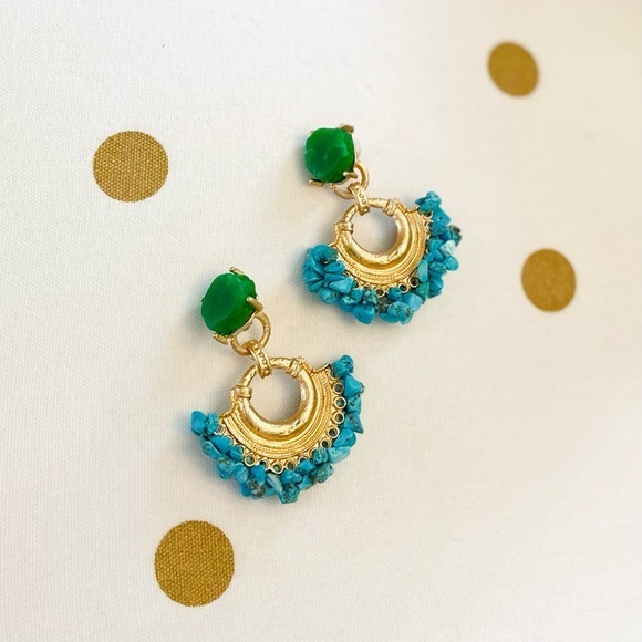 NWT Earrings Gold + Turquoise + Green Boho Hoops Stone - Picture 5 of 7